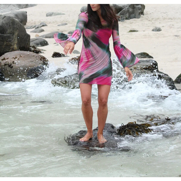 Esejota Azalea Mesh Sheer Short Dress Size Medium Long Bell Sleeves - Picture 2 of 9